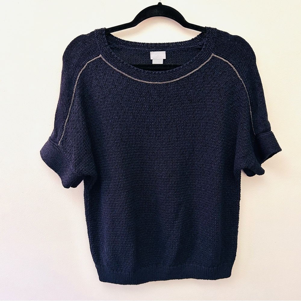 Chico’s navy loose knit round neck short sleeve sweater with metal trim size M